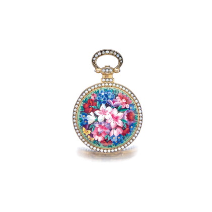 Catalog image of bovet fleurier | a silver gilt enamel and split pearl set open faced center sec…