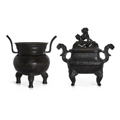 Catalog image of Two bronze incense burners and a bronze lion-finial cover, Ming dynasty 明 銅朝天耳鼎…