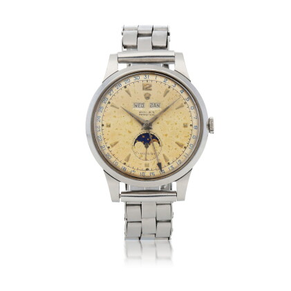 Catalog image of PADELLONE, REF 8171 STAINLESS STEEL TRIPLE CALENDAR WRISTWATCH WITH MOON PHASES…