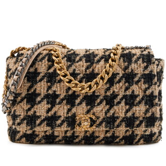 View 1 of Lot 156: Beige, Black and Metallic Houndstooth Tweed Quilted Maxi 19 Flap Aged Gold and Ruthenium Hardware, 2019