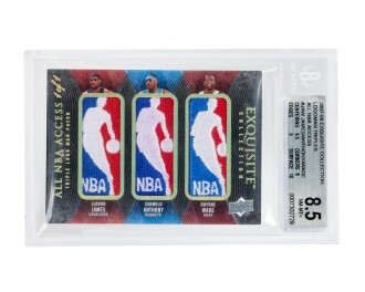 View 1 of Lot 9: LeBron James, Carmelo Anthony, & Dwyane Wade 2007-08 Upper Deck Exquisite Collection Logoman Triples All NBA Access #NBA-JAW BGS 8.5 | 1-of-1 | Game-Used Patches
