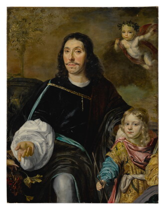 Catalog image of portrait of a gentleman and a young boy, both three-quarter length, with a putto
