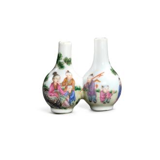 View 1 of Lot 3437: A painted enamel 'ladies and boys' double vase, Republican period | 民國 瓷胎畫琺瑯仕女嬰戲圖雙聯瓶 《乾隆年製》仿款