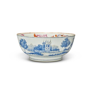 View 1 of Lot 180: Extremely Rare and Important Chinese Export European Subject Initialed Punch Bowl, Qing Dynasty, Qianlong Period, After 1759-1785 | 清乾隆 1759年後至1785 粉彩西洋錦鷄山水人物圖大盌