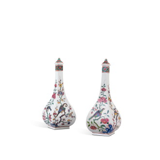 View 1 of Lot 616: A pair of Meissen porcelain Dutch-decorated famille-rose quadrangular sake bottles and covers, the porcelain circa 1715-20, the decoration slightly later