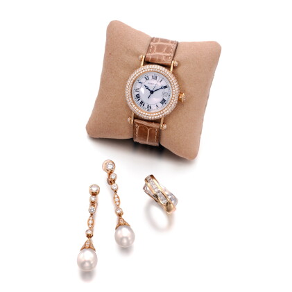 Catalog image of Diamond ring, a pair of cultured pearl and diamond pendent ear clips and a watch