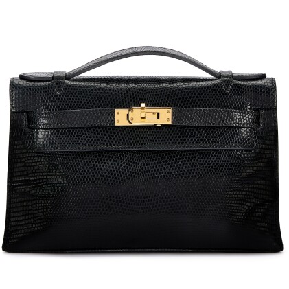 View 1 of Lot 946: Black Shiny Niloticus Lizard Kelly Pochette Gold Hardware, 2010