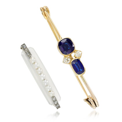 Catalog image of Chalcedony, seed pearl and diamond brooch, Georges L'Enfant and a sapphire and …