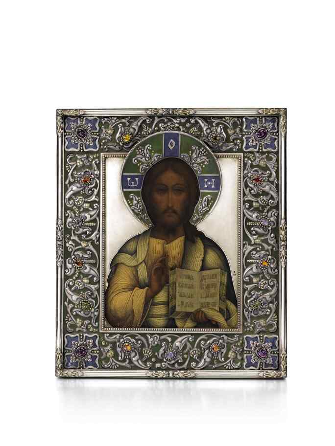 A Fabergé gem-set silver and en plein enamel icon of Christ Pantokrator, Moscow, Estimate £60,000-80,000
