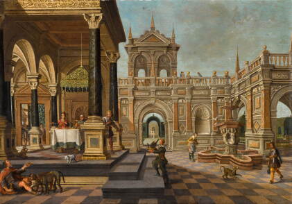 Catalog image of A fantastical palace courtyard with Dives in the house of Lazarus