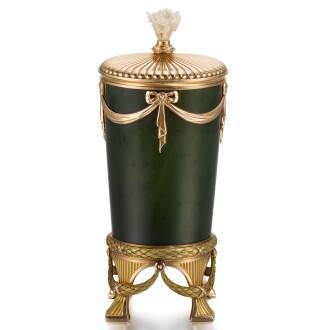 View 1 of Lot 105: A Fabergé varicoloured gold-mounted nephrite table lighter, workmaster Henrik Wigström, St Petersburg, 1904-1917