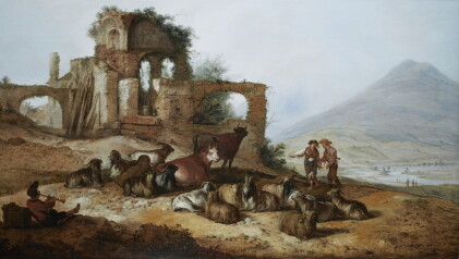 Catalog image of jacob sibrandi mancadan | shepherds with livestock by classical ruins in an ext…