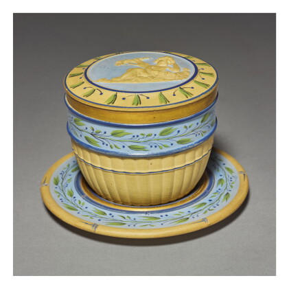 Catalog image of a wedgwood caneware part-bamboo-molded box, cover and stand circa 1790