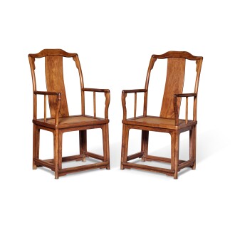 View 1 of Lot 5: A pair of large 'huanghuali' 'Southern official's hat' armchairs (Nanguanmaoyi), Late Ming dynasty, 17th century