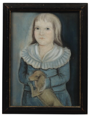 Catalog image of portrait of a blonde haired young boy in a blue suit with white ruffled collar …