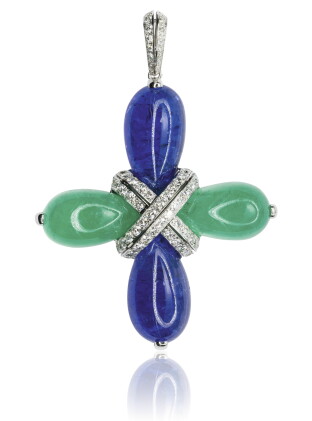 Catalog image of tanzanite, chrysoprase and diamond pendant, michele della valle