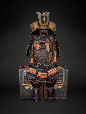 View 1 of Lot 24: An iroiro-odoshi nimai-do gusoku [armour with variegated lacing] | The helmet signed by Myochin Nobuie (circa 1504-54) | Edo period, 16th century