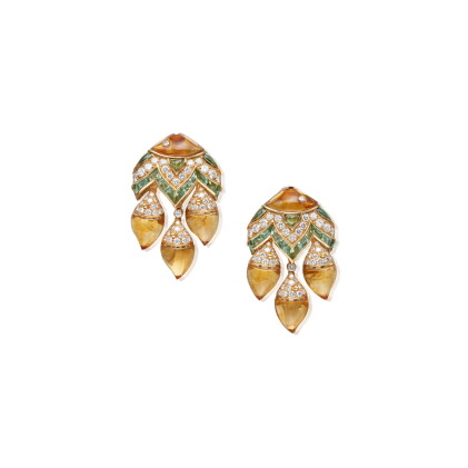 Catalog image of pair of citrine, tourmaline and diamond 'mamma pesce' earclips, bulgari