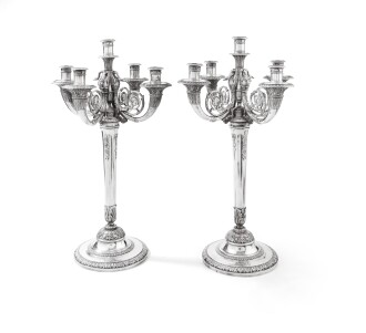 View 1 of Lot 79: An important pair of French silver five-light candelabra with the arms of Jérôme Bonaparte, King of Westphalia, Martin-Guillaume Biennais, Paris, 1807 | Paire d'importants chandeliers à cinq lumières en argent aux armes de Jérôme Bonaparte, Roi de Westphalie, par Martin-Guillaume Biennais, Paris, 1807