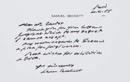 Catalog image of beckett, autograph postcard signed, to ray carter, 1988