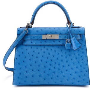 View 1 of Lot 119: Bleu Mykonos Ostrich Kelly 28 Sellier Palladium Hardware, 2012