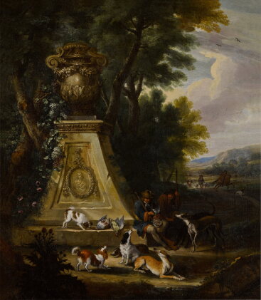 Catalog image of Hunting scene in a wooded park land with a pair of hunters and their hounds bes…