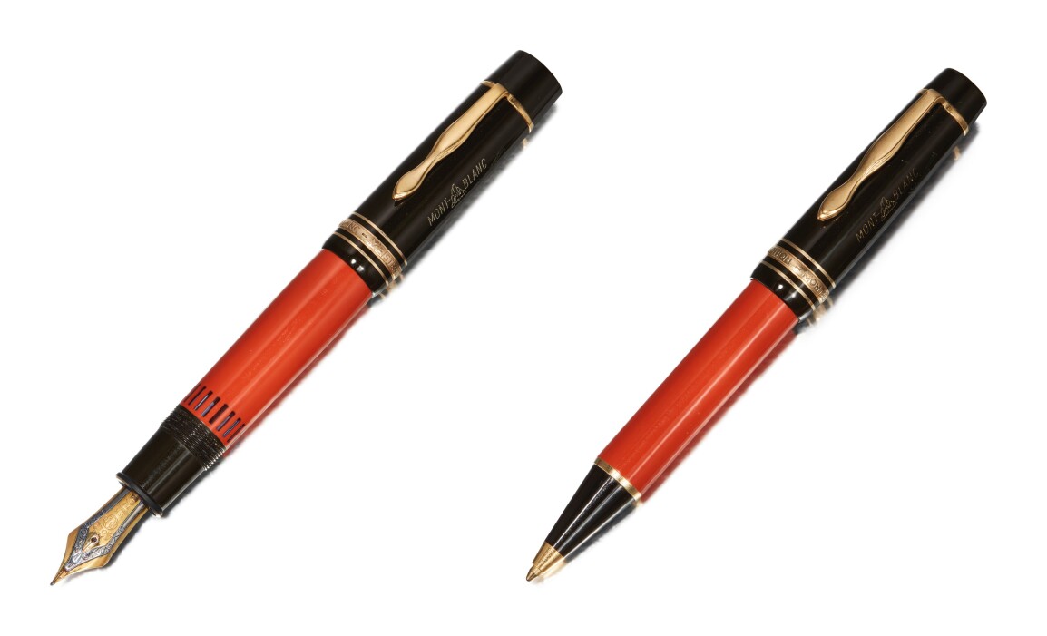 (LEFT) MONTBLANC, A BLACK AND ORANGE RESIN FOUNTAIN PEN, CIRCA 1992. ESTIMATE $1,200–1,800. (RIGHT) MONTBLANC, A LACQUER AND GOLD PLATED BALLPOINT PEN, CIRCA 2000. ESTIMATE $500–700.