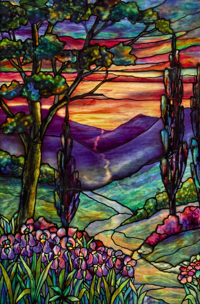 TIFFANY STUDIOS, "RIVER OF LIFE" WINDOW, CIRCA 1910. ESTIMATE $150,000 – 200,000.