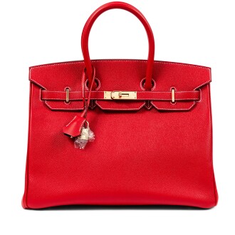 View 1 of Lot 358:  Limited Edition Rouge Casaque Epsom and Bleu Thalassa Verso Candy Birkin 35 Permabrass Hardware, 2011