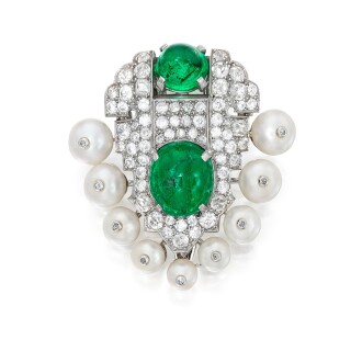 View 1 of Lot 27: Cartier | Emerald, Pearl and Diamond Clip