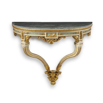 View 1 of Lot 358: An Italian parcel-gilt and painted wood console table, after a design by Giacondo Albertolli, Milan, last quarter 18th century