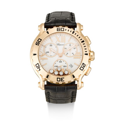 Catalog image of chopard | happy sport, a pink gold and diamond-set chronograph wristwatch with …