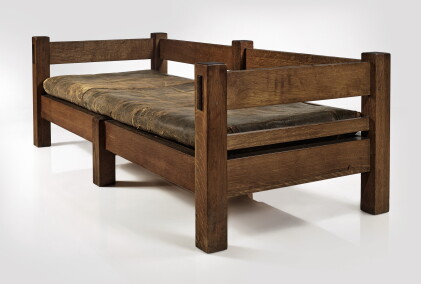 Catalog image of gustav stickley | a rare six-leg settle, model no. 171