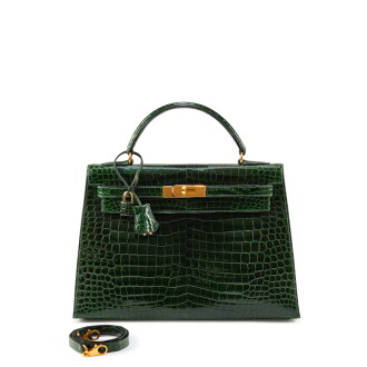 View 1 of Lot 609: Vert Emeraude Shiny Porosus Crocodile Kelly 32 Sellier Gold Hardware, 1994