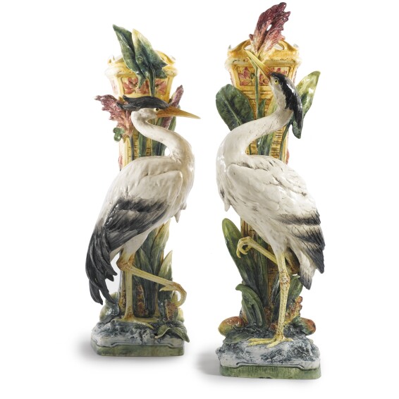 8 A Pair Of Tall Majolica Heron Moulded Floor Vases By The Duxer Porzellanmanufaktur Dux Czech Republic Early th Century