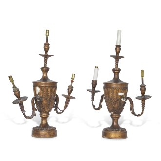 View 1 of Lot 13: A pair of George III style gilt-gesso three light lamps, circa 1920