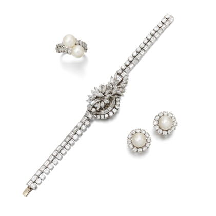 Catalog image of Cultured pearl and diamond ear clips and a diamond wristwatch | Paio di orecchi…