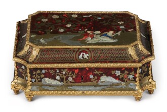 View 1 of Lot 34: A Louis XIV Gilt Bronze-Mounted Brass, Mother-Of-Pearl, and Stained Horn Inlaid Tortoiseshell Première Partie Marquetry Casket, Circa 1700