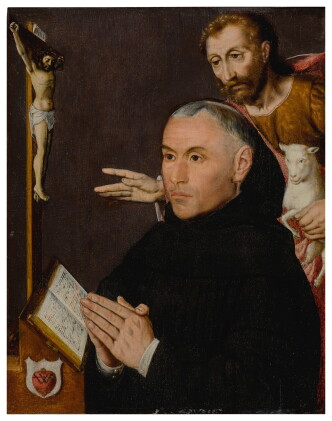 Catalog image of a donor praying with a crucifixion and book on a table, with saint john the bap…