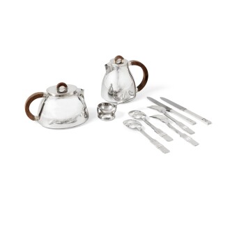 View 1 of Lot 364: Flatware service including 12 forks, 12 knives and 6 soup spoons ; a teapot and a coffee pot | 