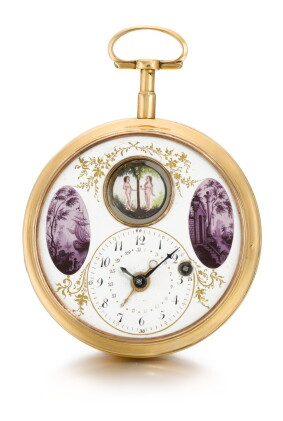 Catalog image of a gold and enamel watch with simple automaton and date circa 1800 [法國製黃金畫琺瑯活動人偶…