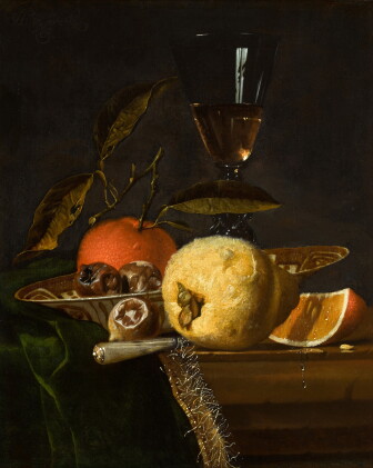 Catalog image of Still life with a quince, orange and other fruit on a partly draped ledge with …