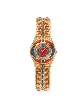 Catalog image of gold, coral, sapphire and diamond wristwatch, mauboussin