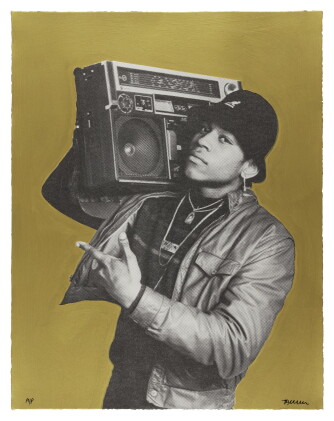 Catalog image of janette beckman | ll cool j (gold background). silkscreen. 2017.