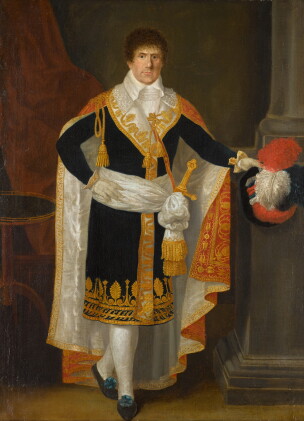 Catalog image of portrait of a gentleman in fine uniform, full-length, standing by a column