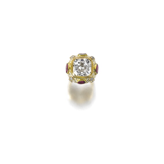 DIAMOND, RUBY AND ENAMEL RING, ELIZABETH GAGE