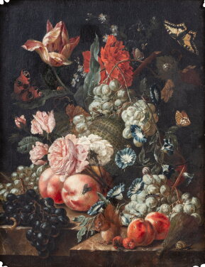 View 1 of Lot 647: Still life with fruits and flowers, butterflies and a squirrel