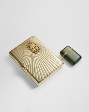 View 1 of Lot 424: A Jeweled Silver-Gilt Cigarette Case and Gold-Mounted Nephrite Match Case, St Petersburg, circa 1900