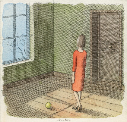 Catalog image of Une femme dans un intérieur regardant par la fenêtre, une balle jaune devant elle