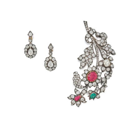Catalog image of Silver-Topped Gold, Garnet, Emerald and Diamond Brooch and Pair of Diamond Earclips